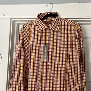 Pennington & Bailes Mens Shirt XL Long Sleeves Button Down Maroon Gold White NWT